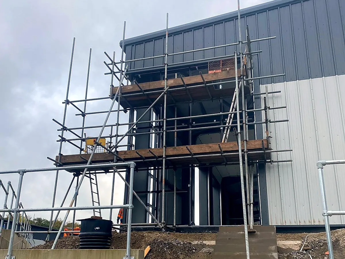 Scaffold access on a steel-clad commercial unit